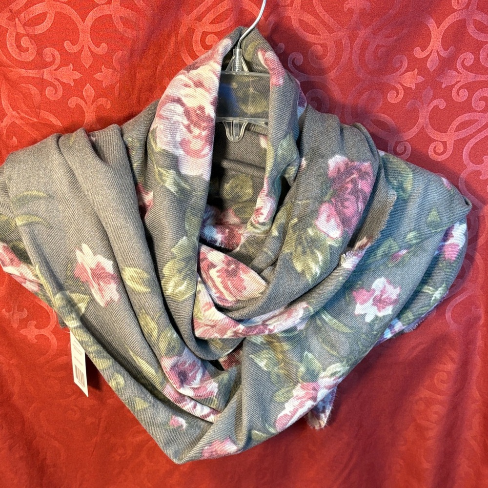 Gray and Pink Floral Scarf NWT